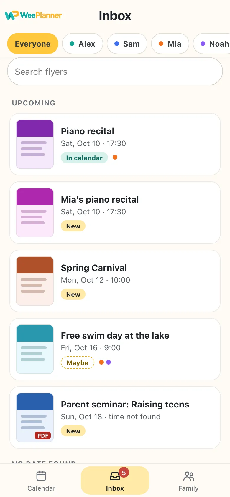 The Inbox: flyers sorted by date with New, Maybe and In calendar labels.