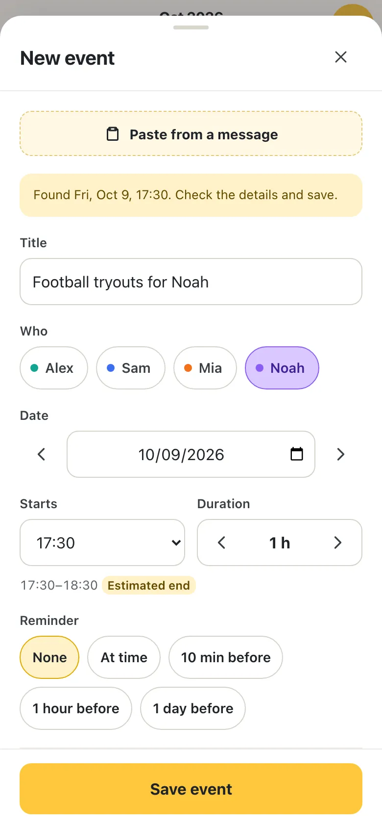 A pasted message filled in a new event: Football tryouts for Noah, Friday 17:30.